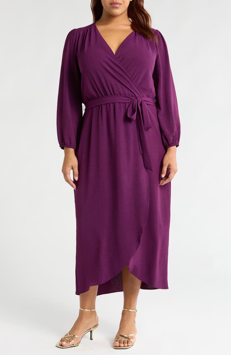 Connected Apparel Tie Waist Long Sleeve Wrap Dress, Main, color, Plum