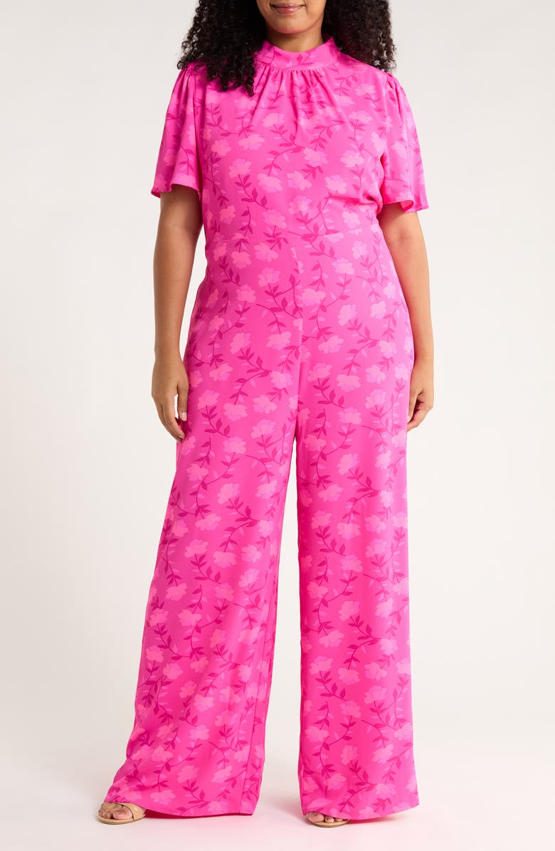 SUGARLIPS Clever Floral Mock Neck Wide Leg Jumpsuit, Main, color, Fuchsia-Multi