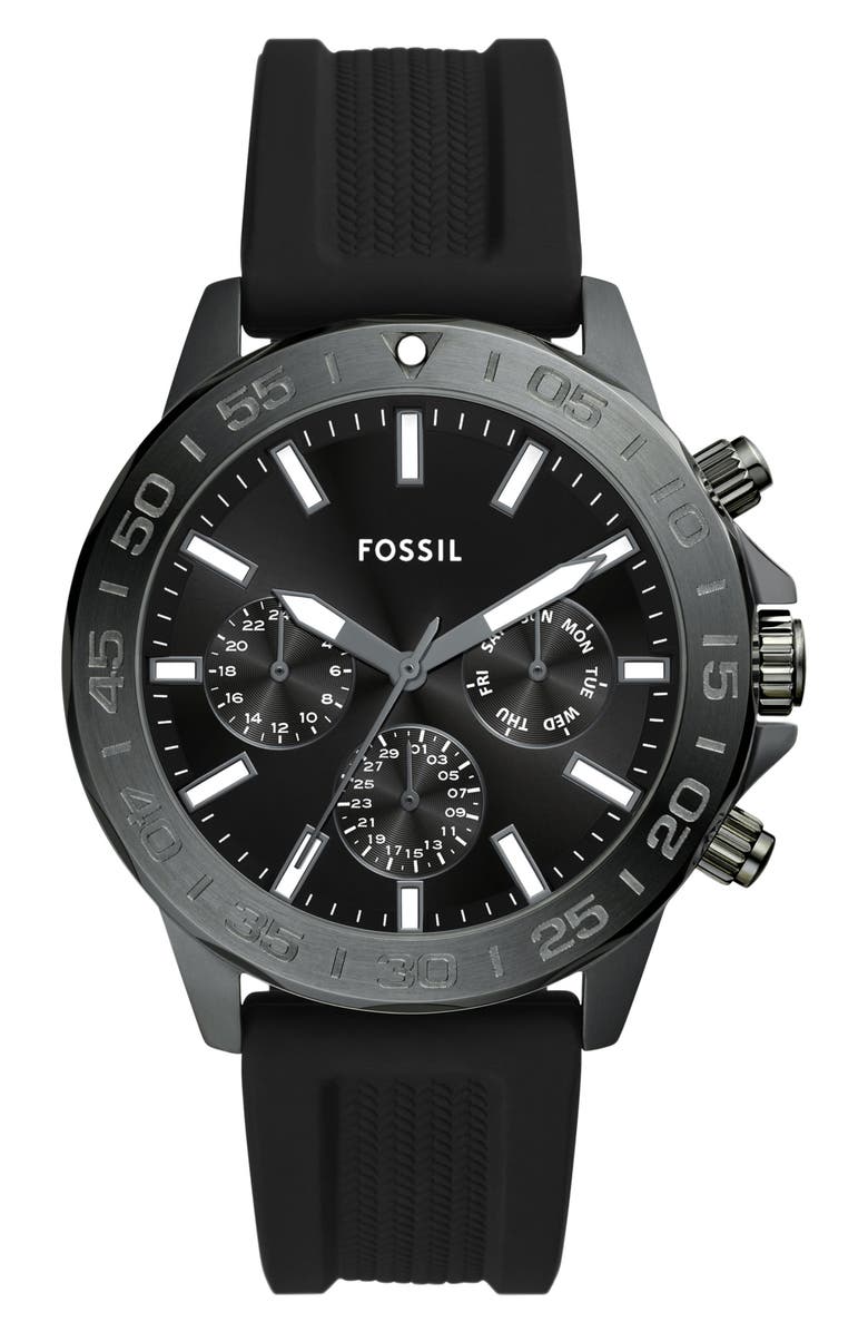Fossil Bannon Multifunction Silicone Strap Watch, 45mm, Main, color, Gunmetal