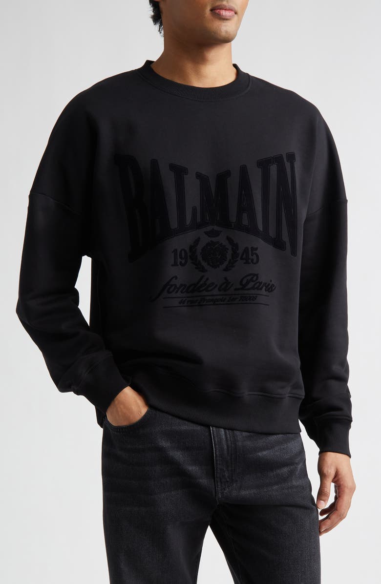 Balmain 1945 Logo Graphic Sweatshirt, Main, color, Black/ Black