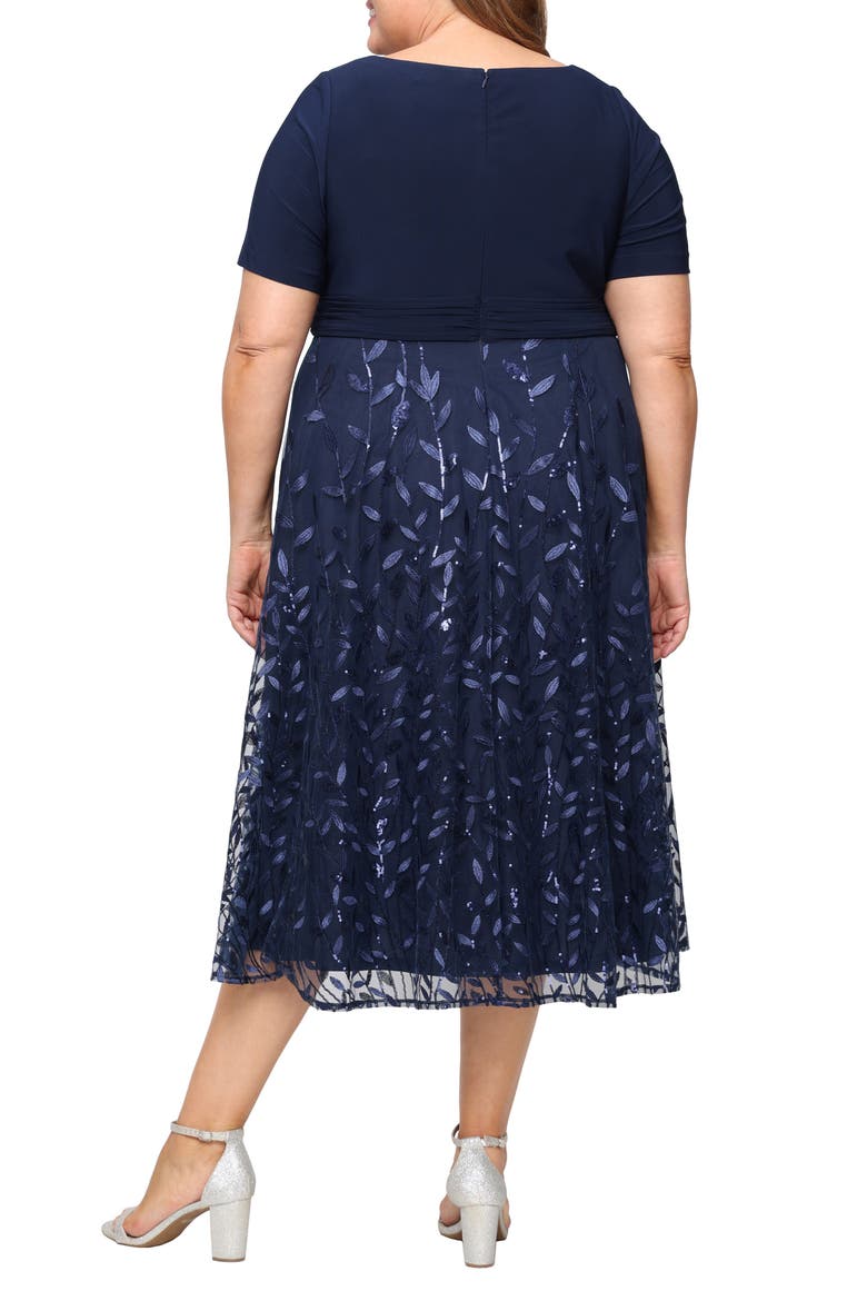 Tea Length Embroidered Mesh Dress, Alternate, color, NAVY