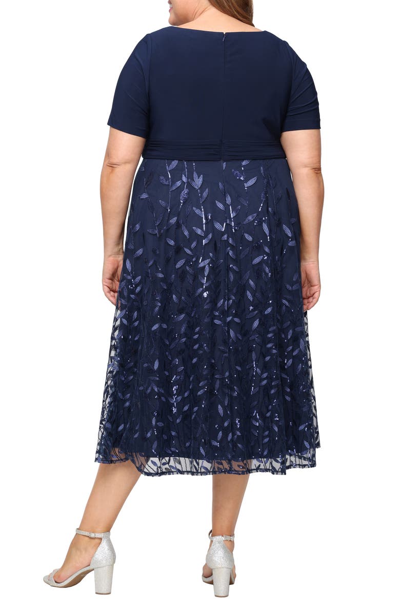Alex Evenings Tea Length Embroidered Mesh Dress, Alternate, color, Navy