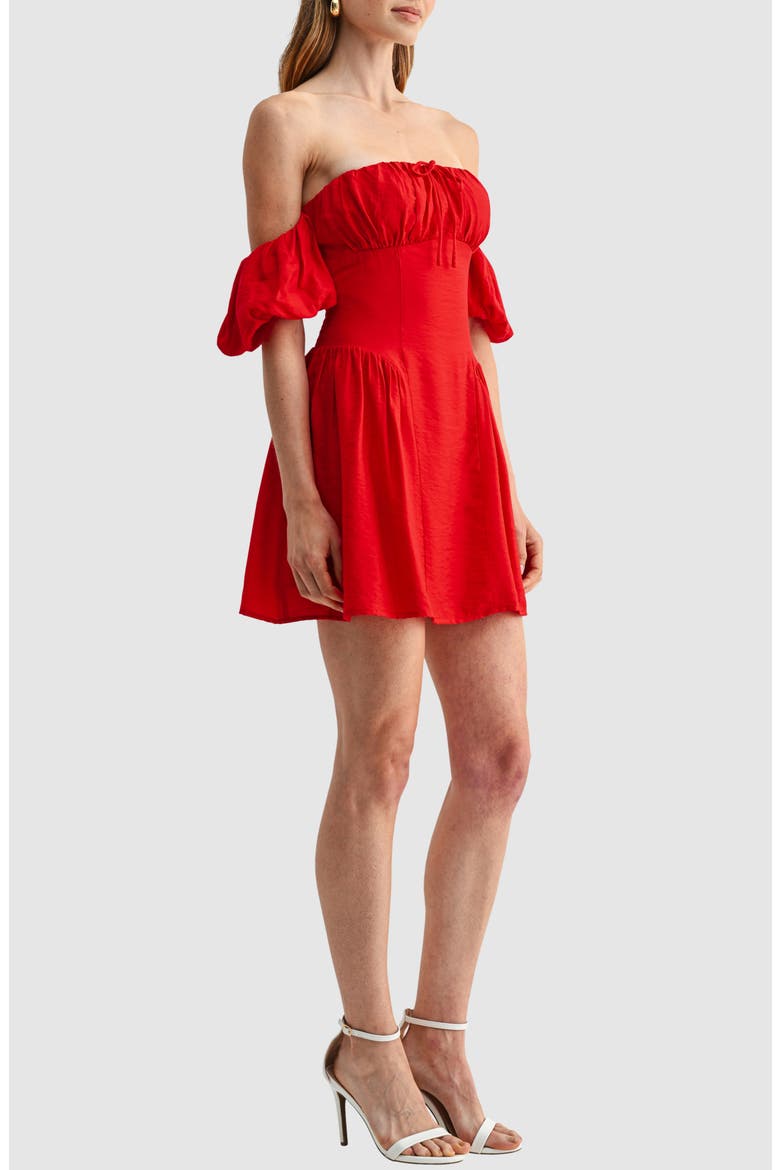 Shirred Off the Shoulder Dress, Alternate, color, RED