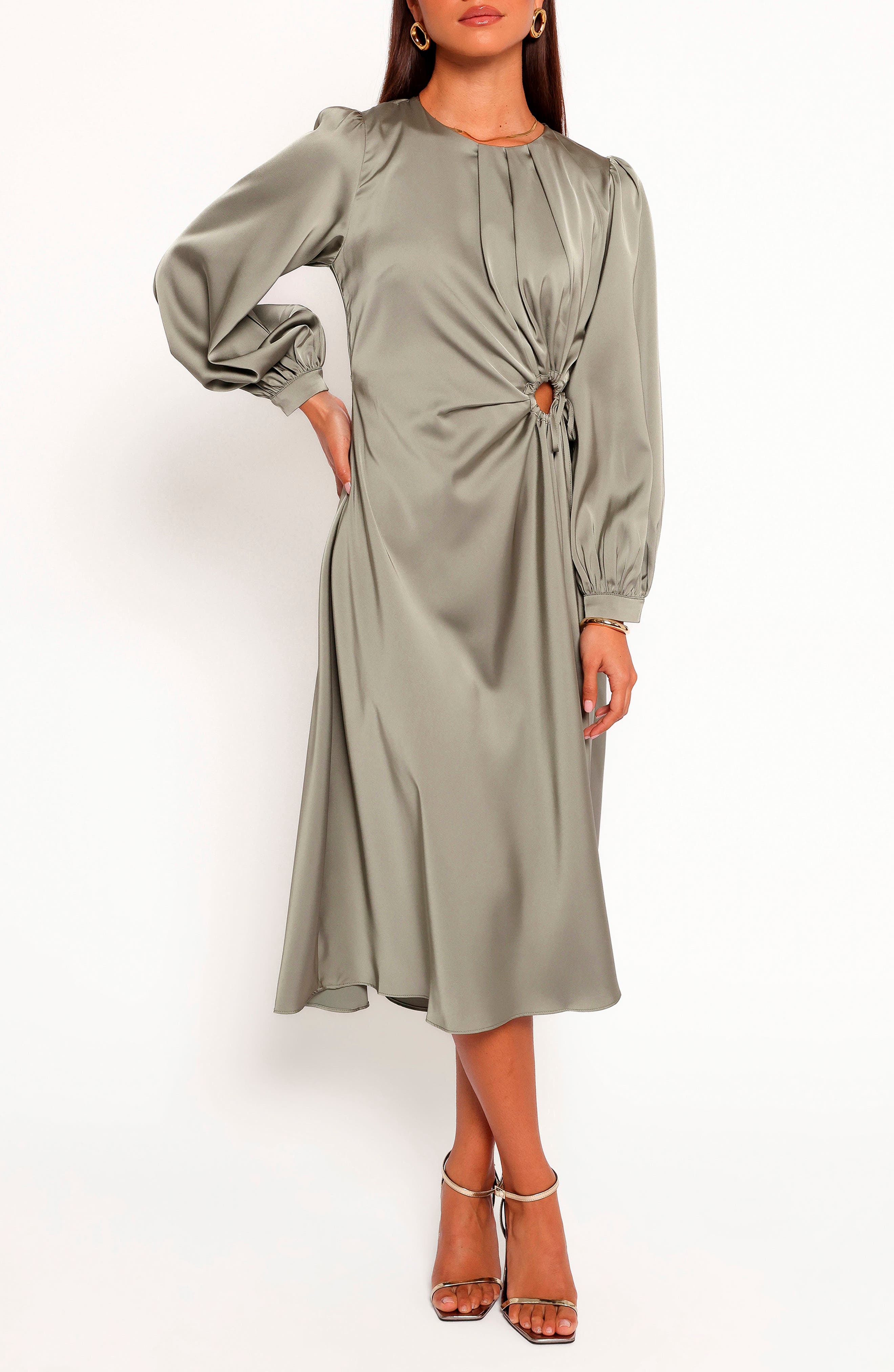 Petal & Pup Windsor Balloon Sleeve Satin Cocktail Dress in Olive 