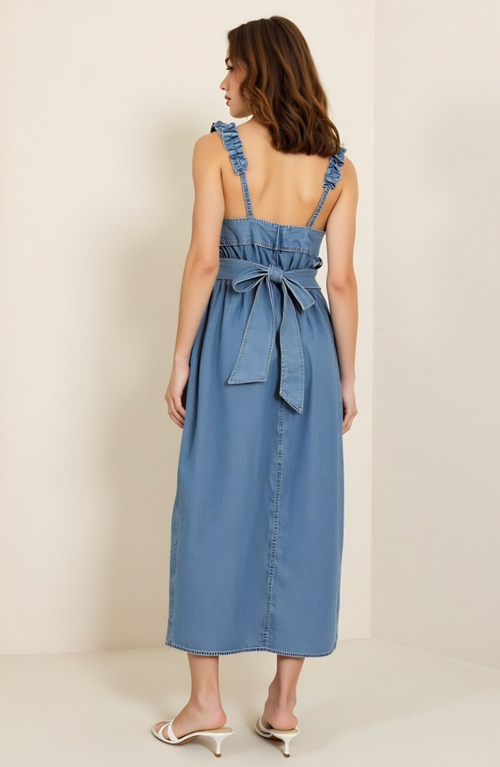 Modenaire Smocked Ruffle Strap Midi Dress With Flowy Skirt In Blue