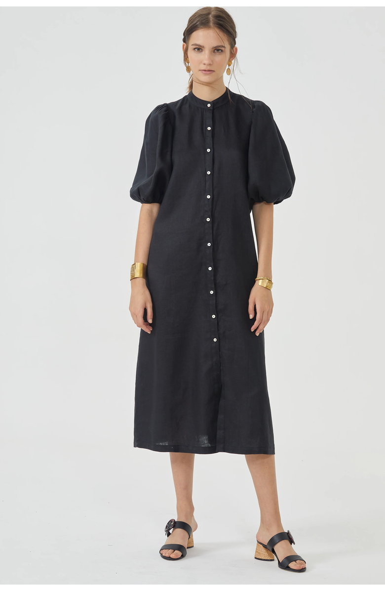 LANHTROPY Bubble Linen Dress, Main, color, Black