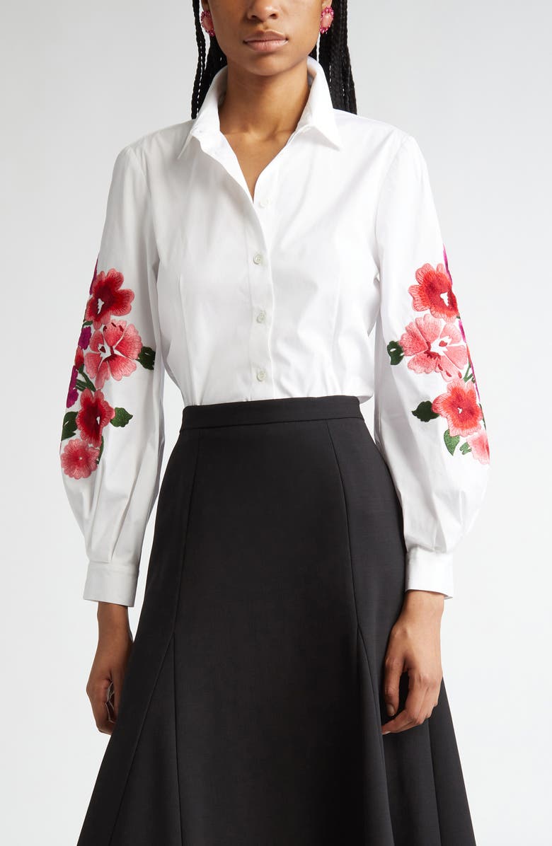 Carolina Herrera Floral Embroidered Stretch Cotton Button-Up Shirt, Main, color, 