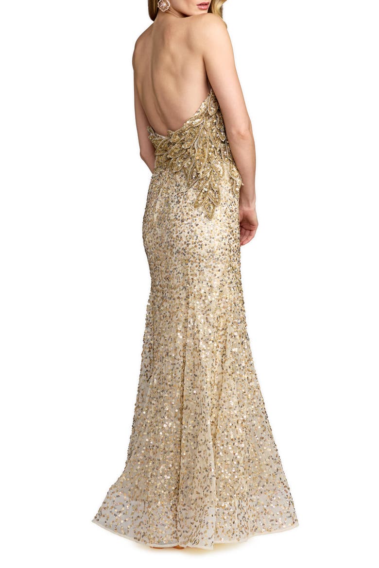 Srapless Beaded Mesh Trumpet 3D Floral Gown, Alternate, color, Gold