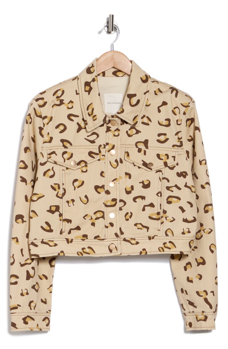 Avec Les Filles Cropped Cargo Trucker Jacket, Alternate, color, Spring Leopard