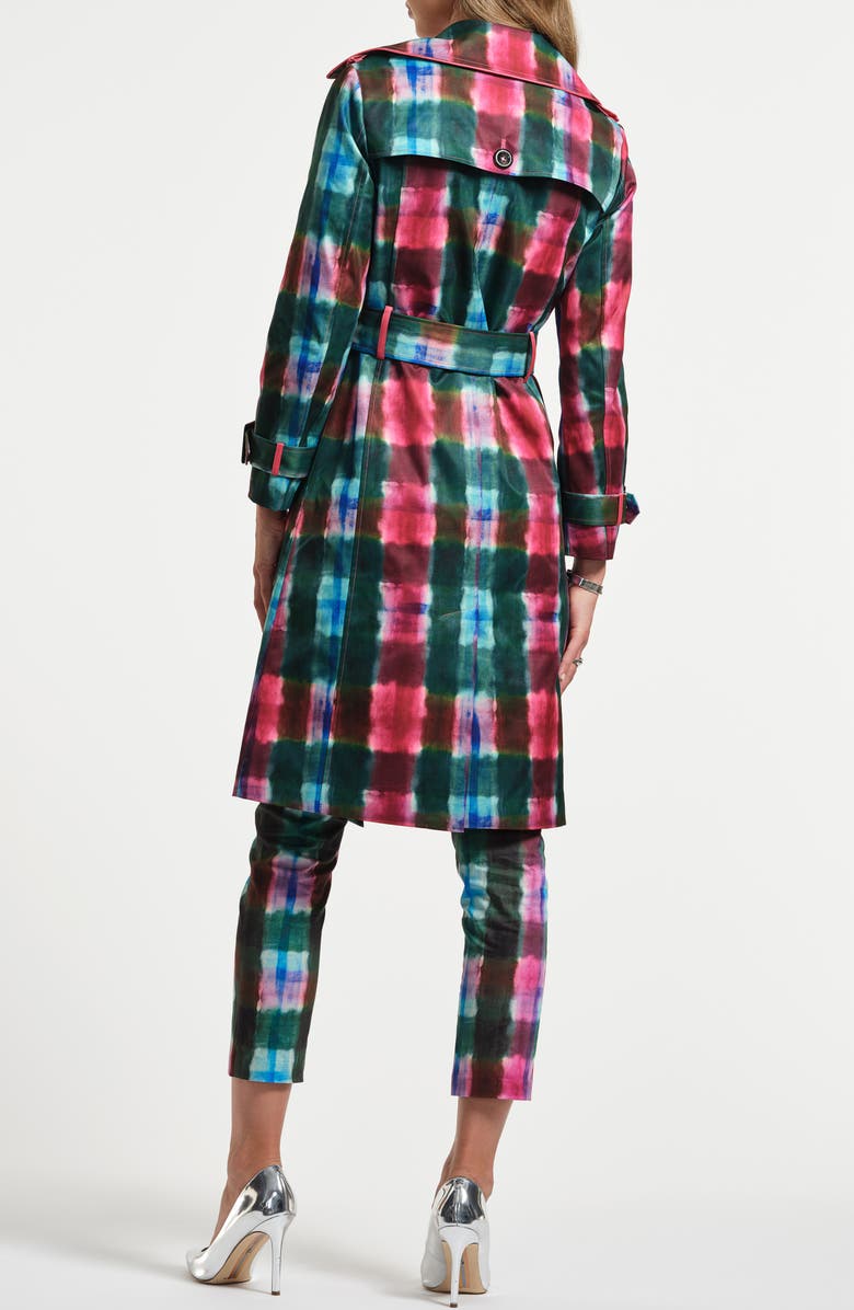 Isaac Mizrahi New York Plaid Double Breasted Trench Coat, Alternate, color, Watercolor Tartan