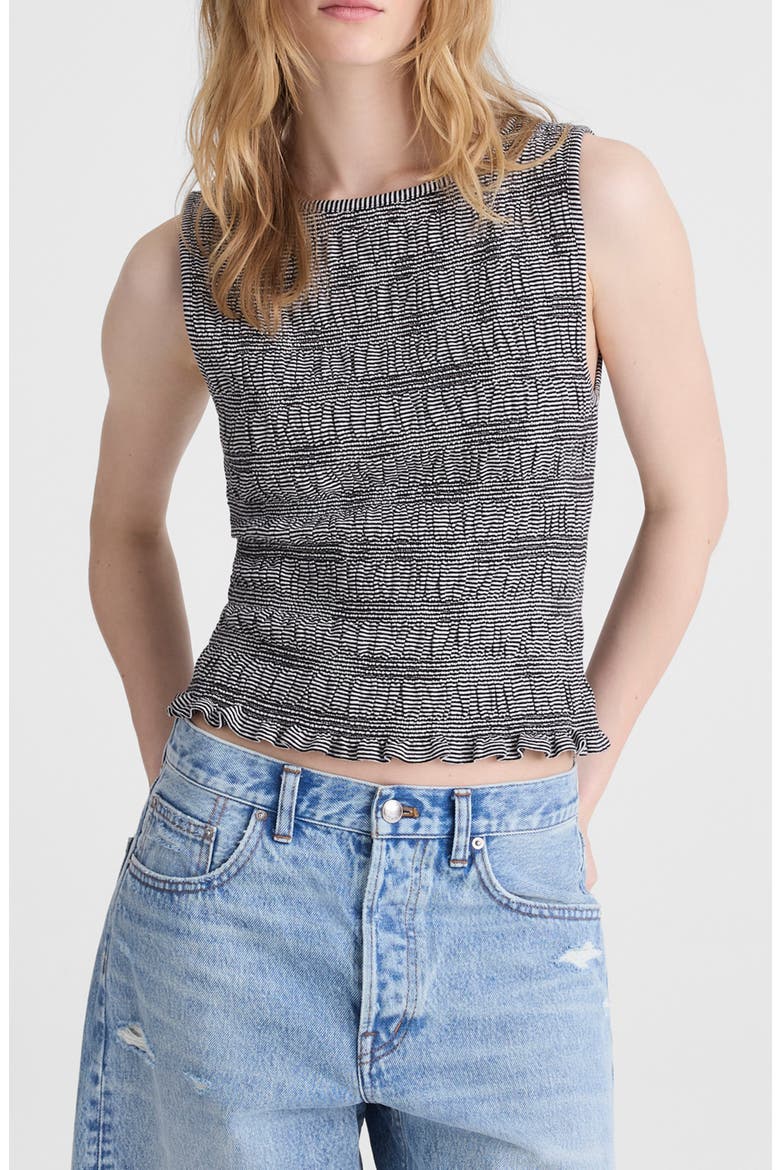 Smocked Bateau Neck Cotton & Linen Tank, Main, color, JET BLACK