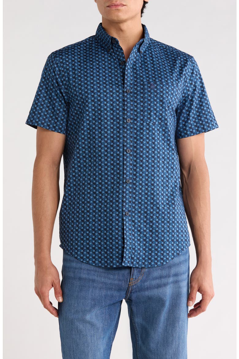 Geo Print Short Sleeve Poplin Shirt, Main, color, SARGASSO SEA