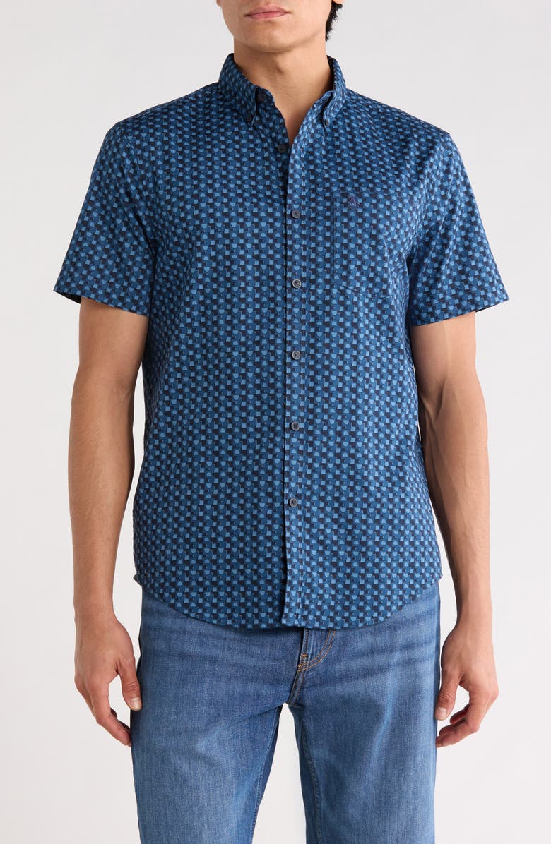 Original Penguin Geo Print Short Sleeve Poplin Shirt, Main, color, Sargasso Sea