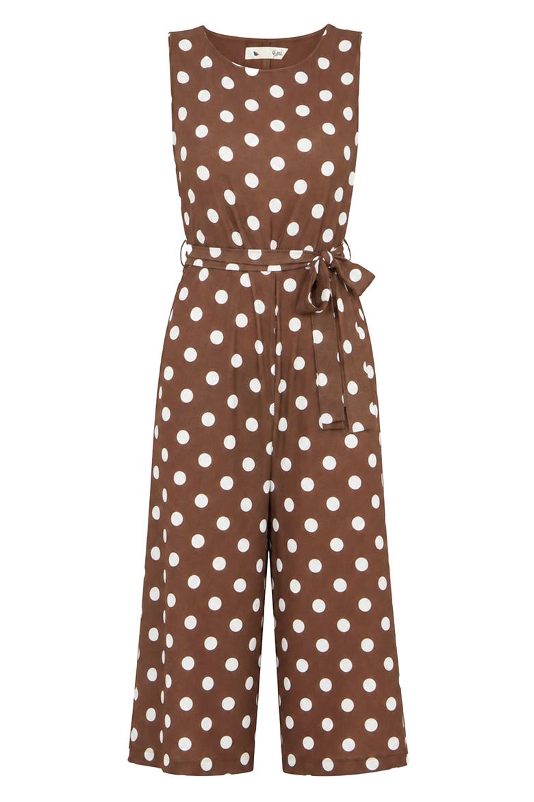 Polka Dot Culotte Jumpsuit, Alternate, color, Brown