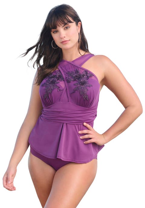 Lace-Appliquéd High-Neck Tankini
