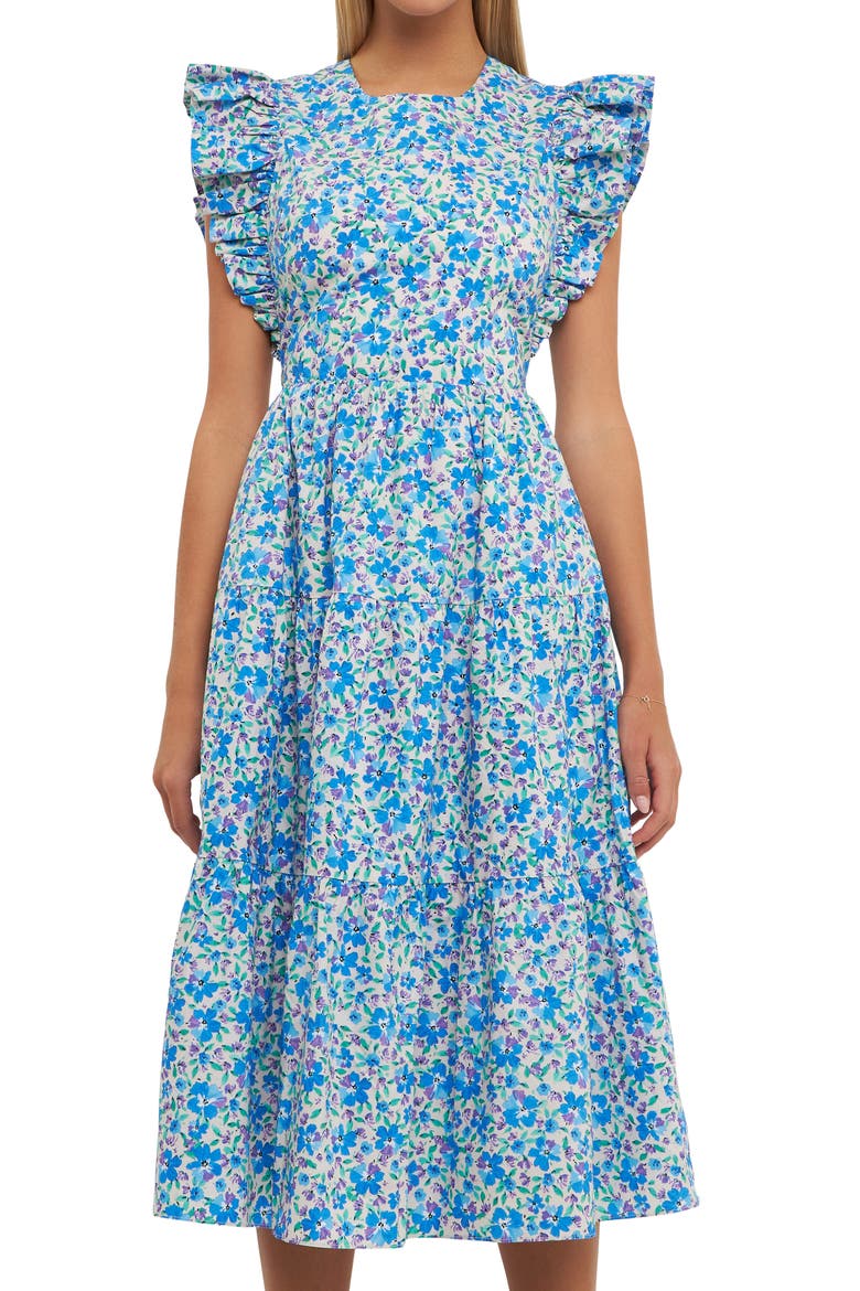 Floral Cutout Back A-Line Dress, Alternate, color, BLUE MULTI