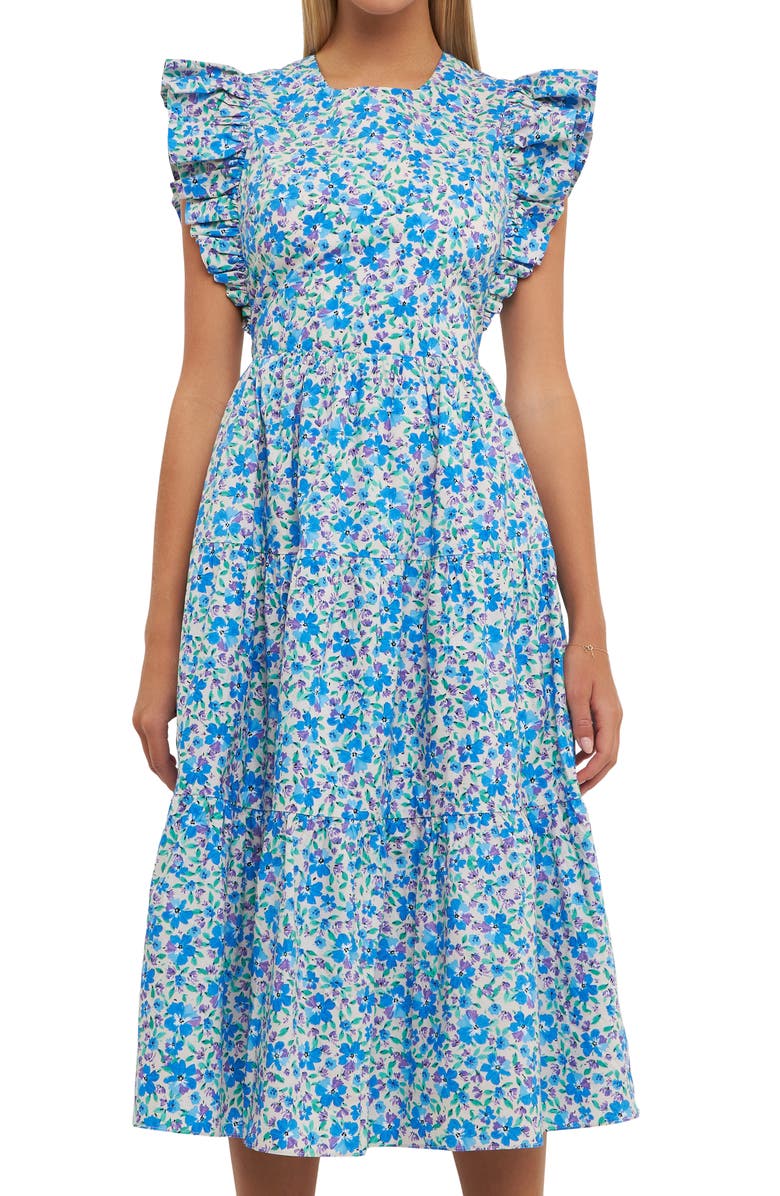 English Factory Floral Cutout Back A-Line Dress, Alternate, color, 