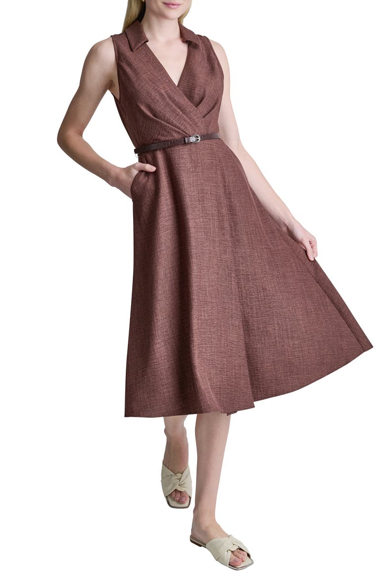 Faux Wrap Belted Midi Dress, Alternate, color, JAVA
