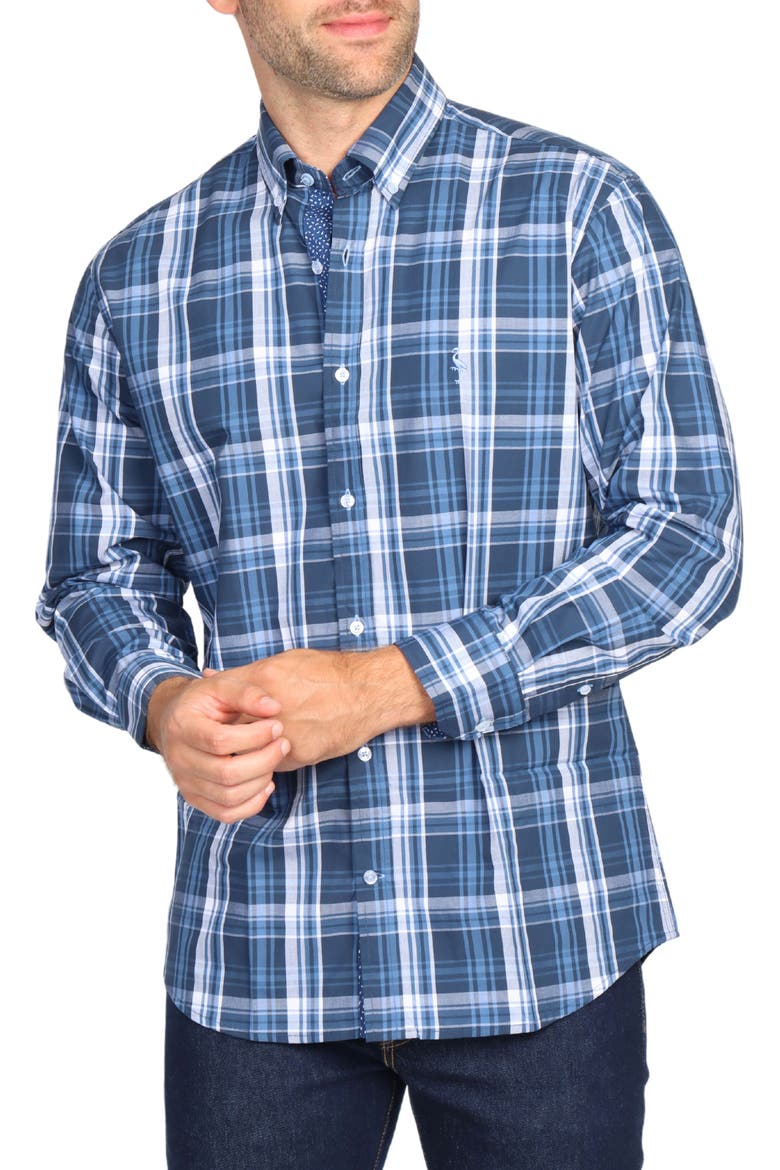 Navy Large Plaid Long Sleeve Cotton Stretch Button Down Shirt, Main, color, NAVY