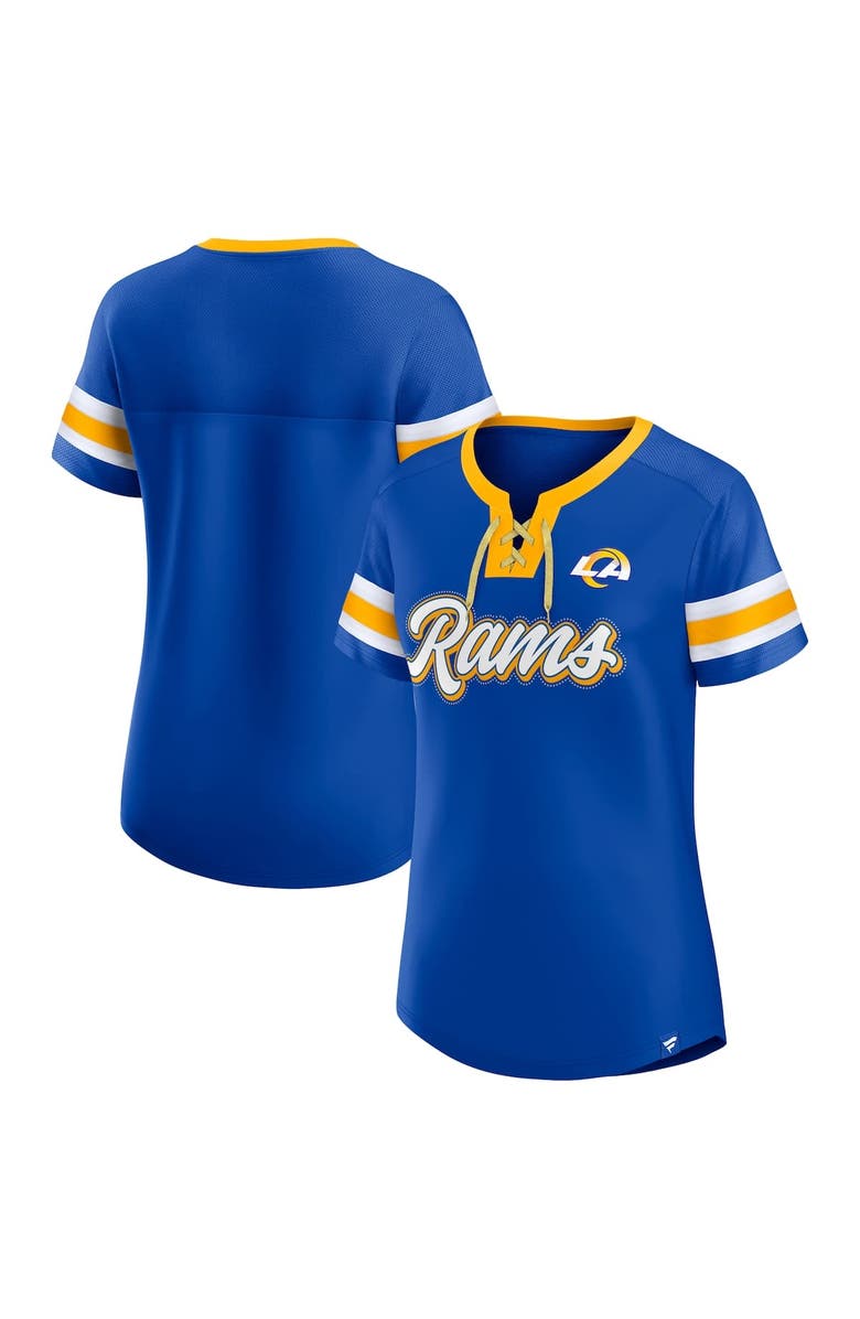 FANATICS Women's Fanatics Royal Los Angeles Rams True Catch Iconic Rhinestone Bling Athena Lace-Up T-Shirt, Main, color, Royal