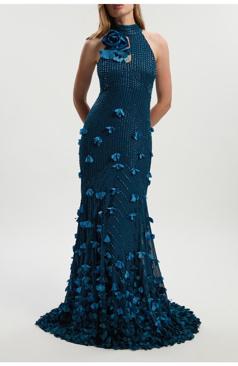 Karen Millen Petite Woven Maxi Rosette Dress, Alternate, color, Teal