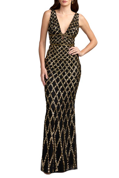 Sequined Plunge Neck Sleeveless Column Gown