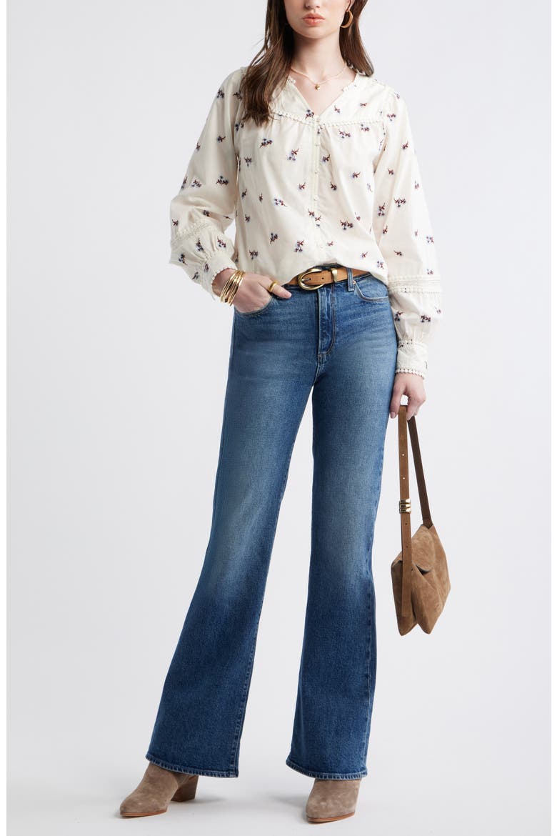 Lace Trim Button-Up Shirt, Alternate, color, IVORY- PURPLE TOSSED EMBROIDER