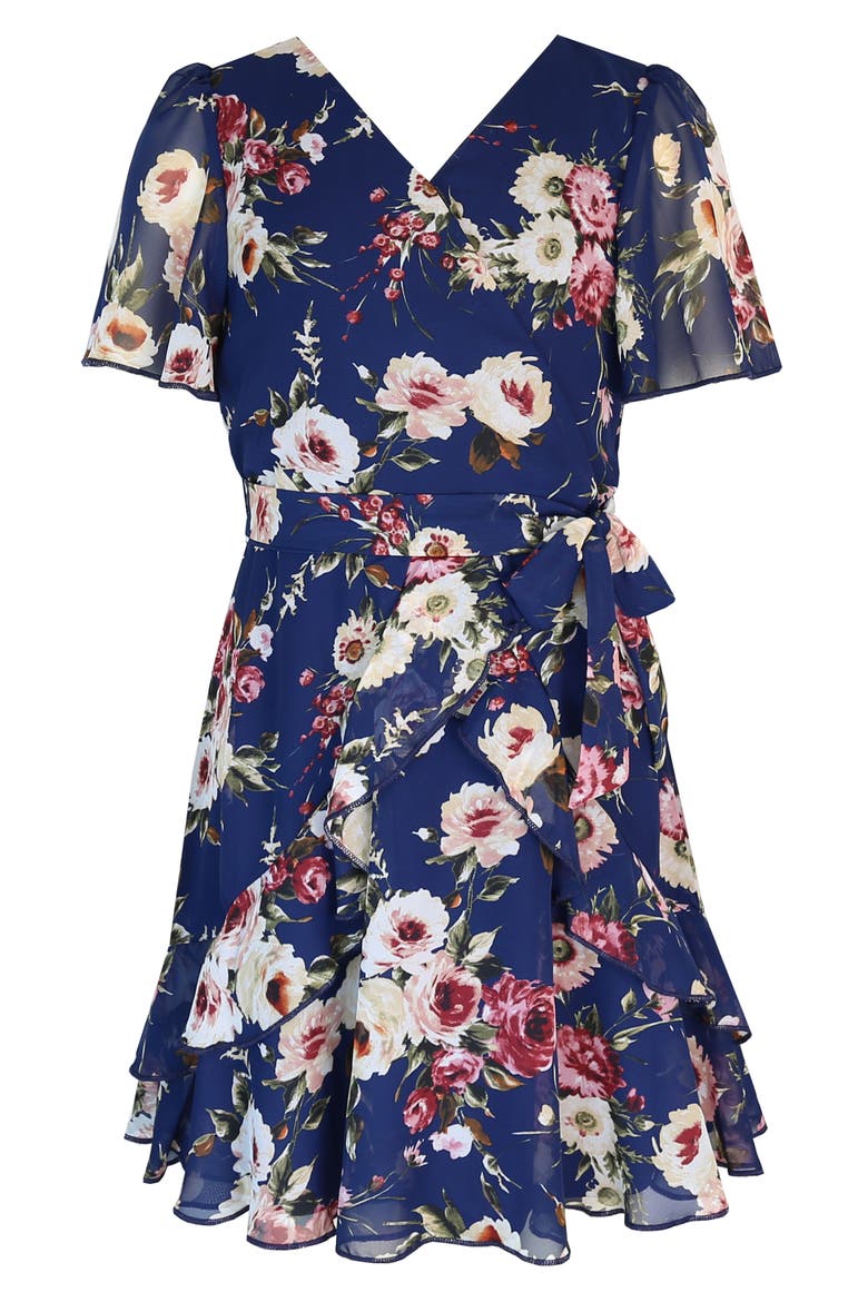 Kids' Chiffon Faux Wrap Dress, Main, color, NAVY/ MAUVE
