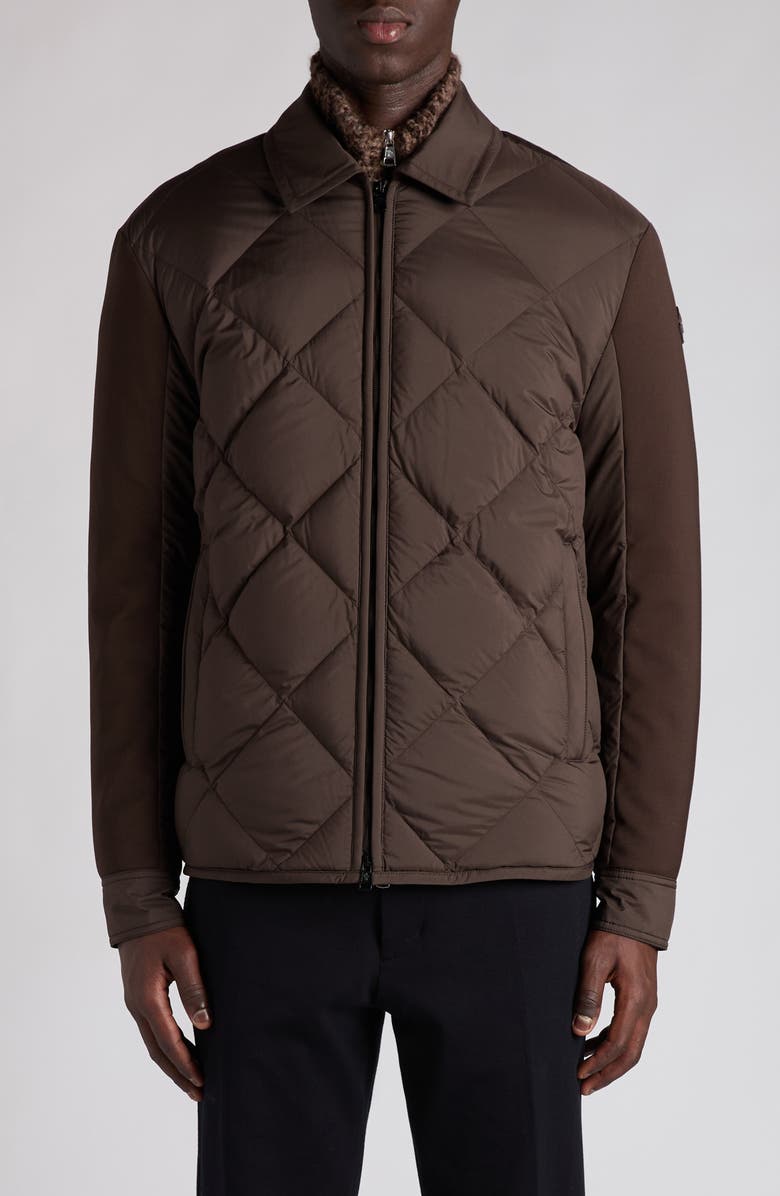 Moncler Aiguille Mixed Media Down Shirt Jacket, Main, color, Brown
