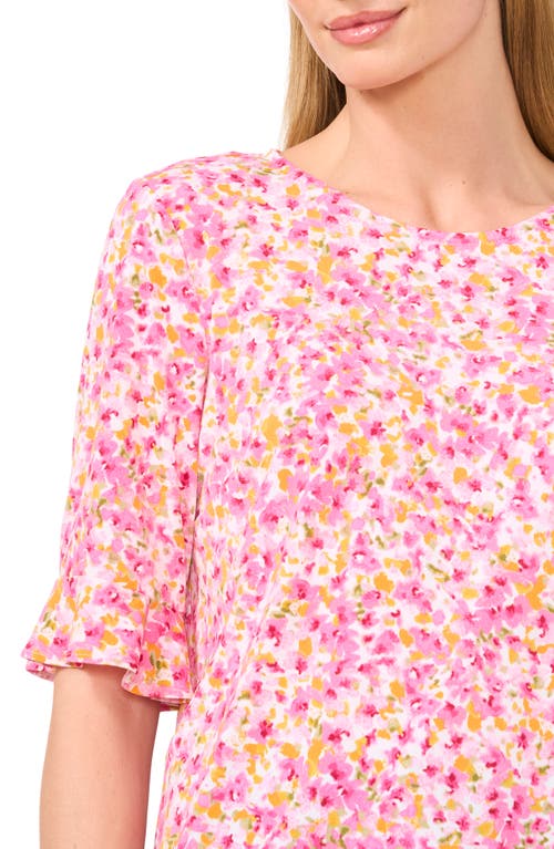 Cece Floral Ruffle Crepe Knit Top In White