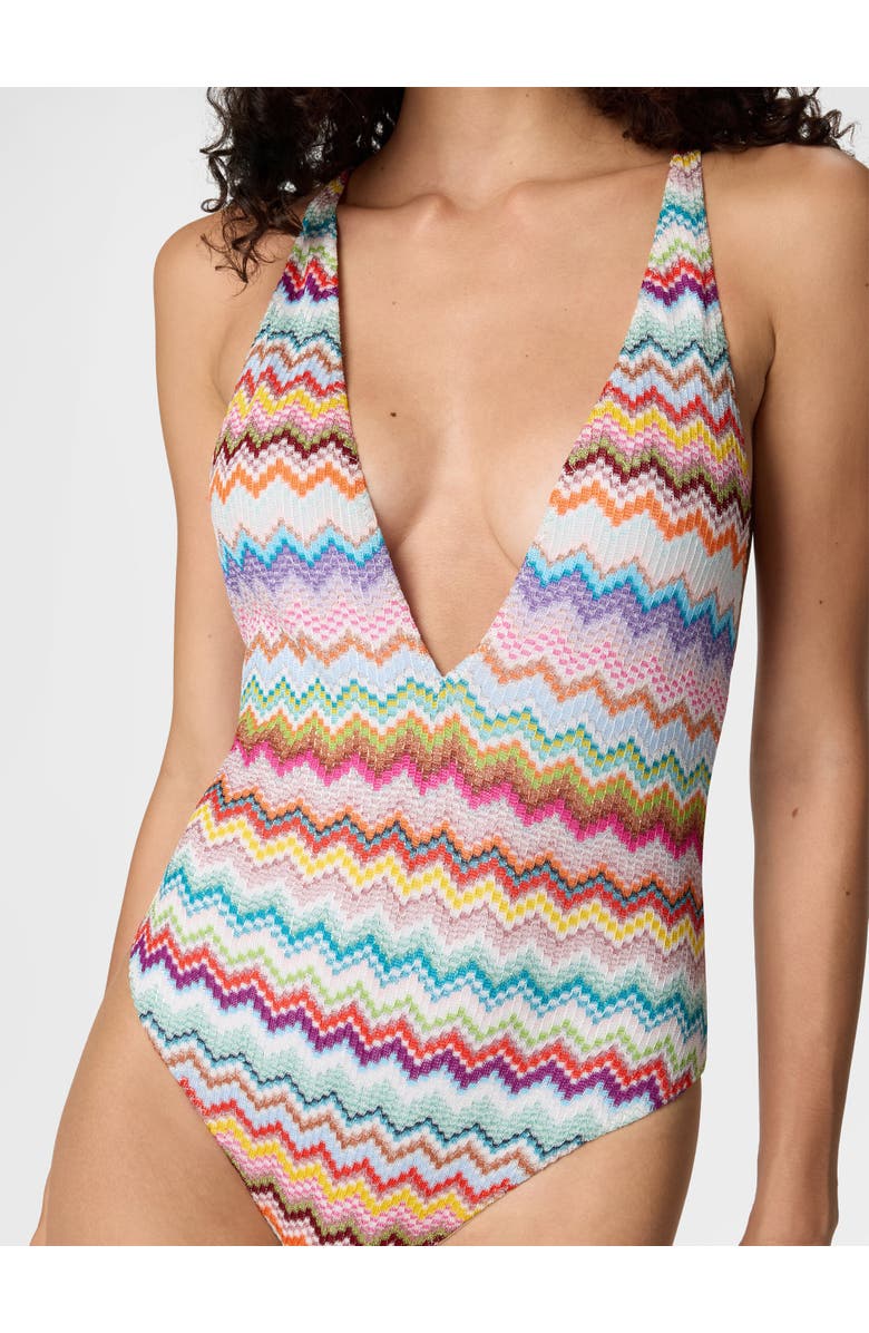 Missoni One-piece Swimsuit In Lamé Viscose With Pixel-effect Zigzag Pattern And V-neckline, Alternate, color, Multicoloured
