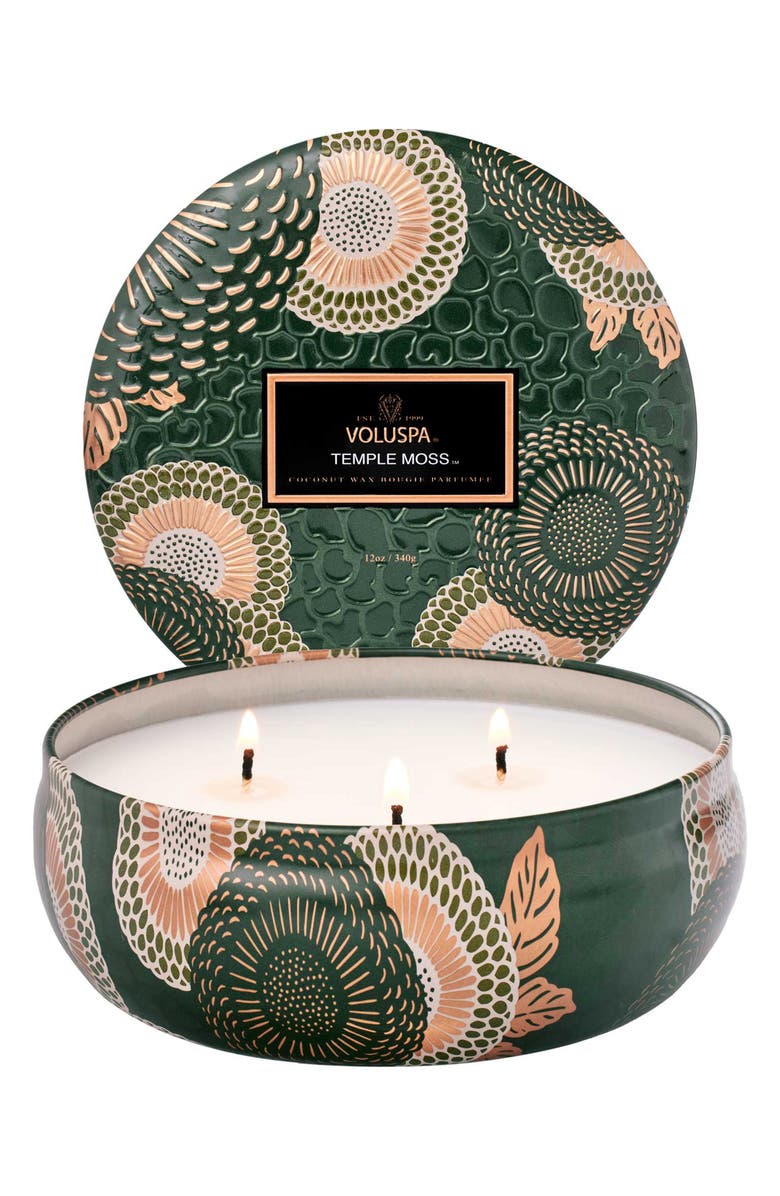 Voluspa Temple Moss 3-Wick Tin Candle, Main, color, Temple Moss