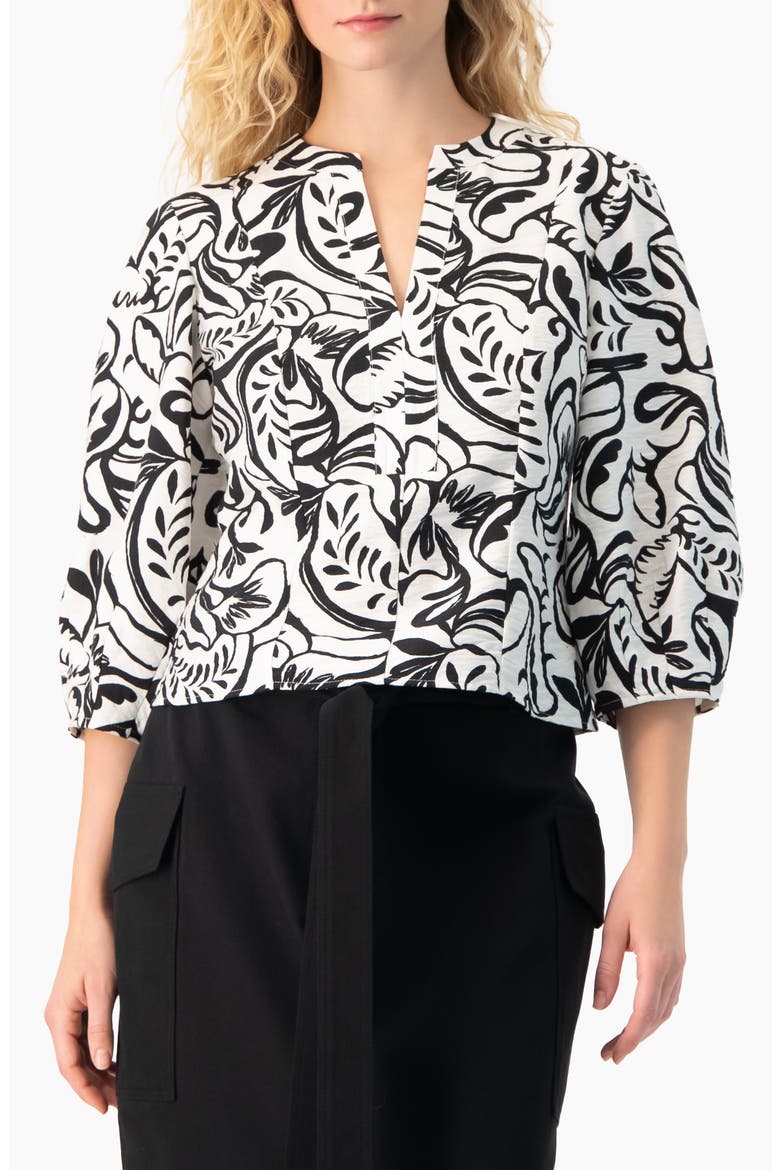 Graphic Brushstroke Floral Woven V-Neck Blouse, Main, color, White