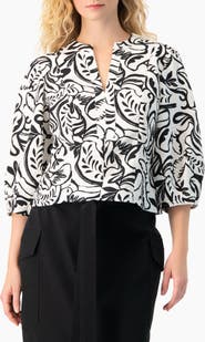 IVONNE Graphic Brushstroke Floral Woven V-Neck Blouse