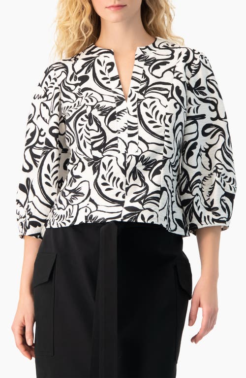 Ivonne Graphic Brushstroke Floral Woven V-neck Blouse In White