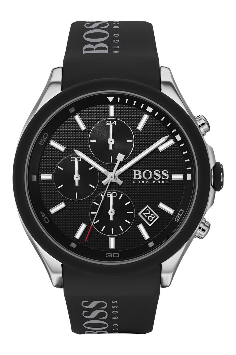 Velocity Chronograph Rubber Strap Watch, 45mm, Main, color, BLACK/ SILVER