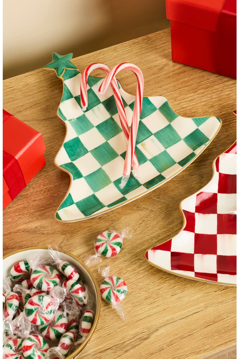 Emerald Check Christmas Tree Trinket Tray, Alternate, color, GREEN