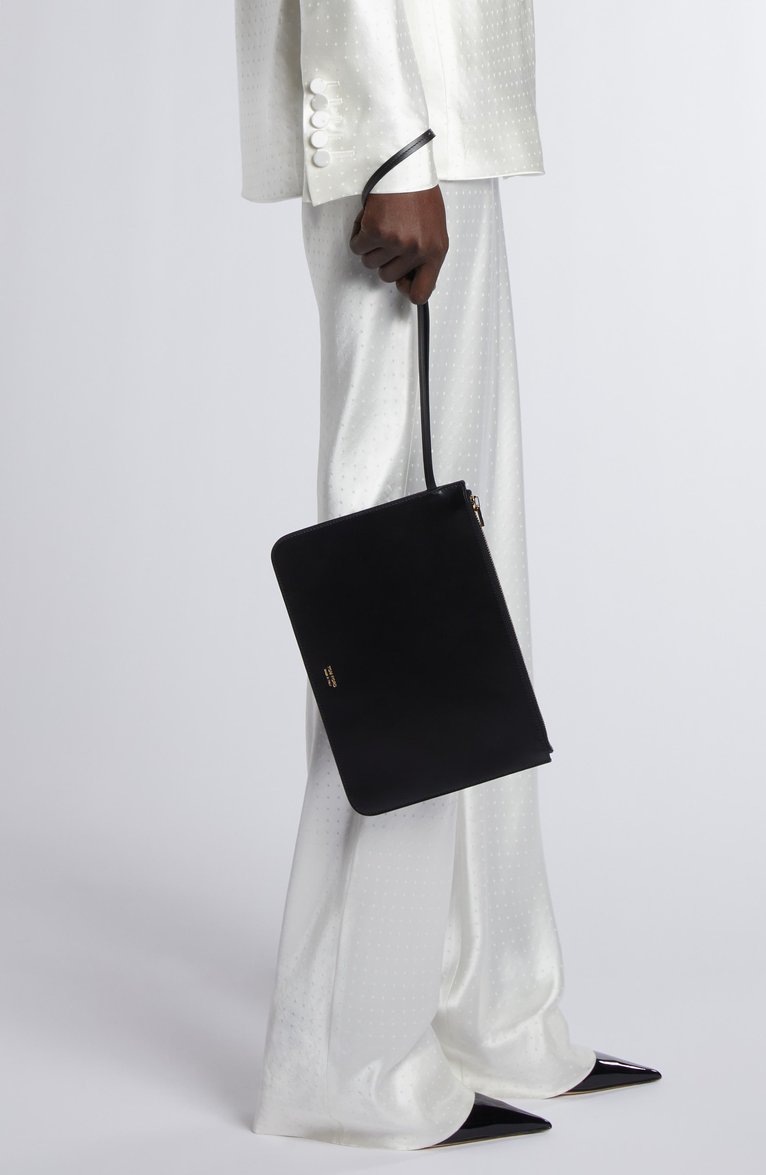 TOM FORD Zip Top Leather Wristlet, Alternate, color, Black