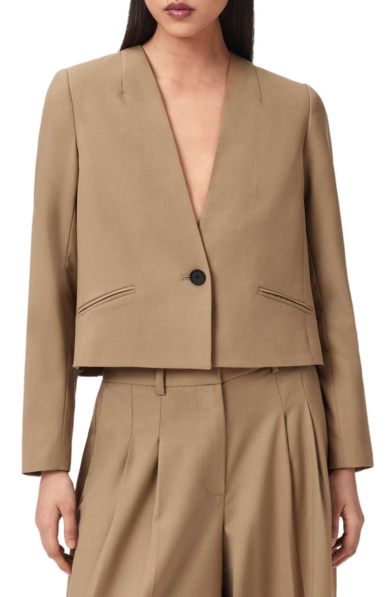 AllSaints Poppy Wool Blend Crop Blazer, Main, color, Sand Brown