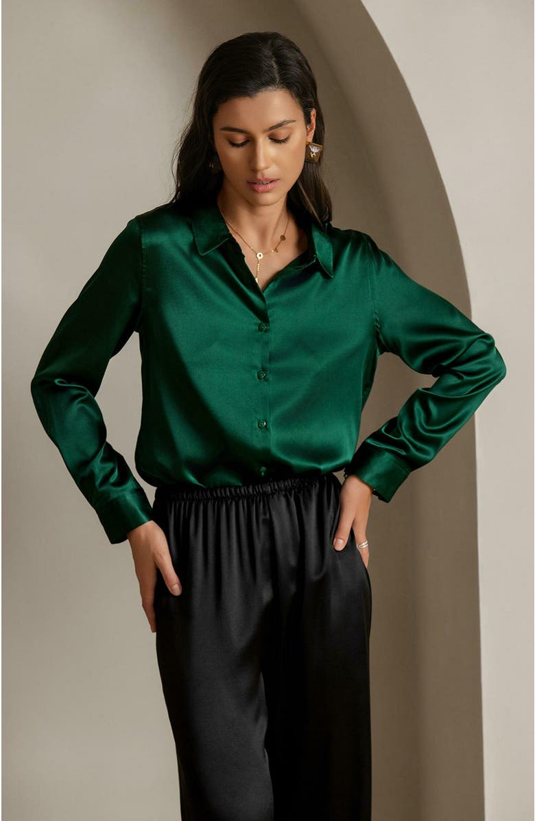 SILKSILKY 19Momme Silk Solid Color Basic Military Lapel Shirt, Alternate, color,