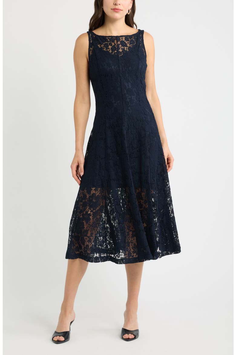 Sleeveless Fit & Flare Lace Midi Dress, Main, color, NAVY NIGHT