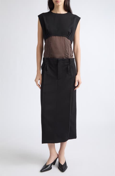 Contrast Satin Waist Wool Twill Dress