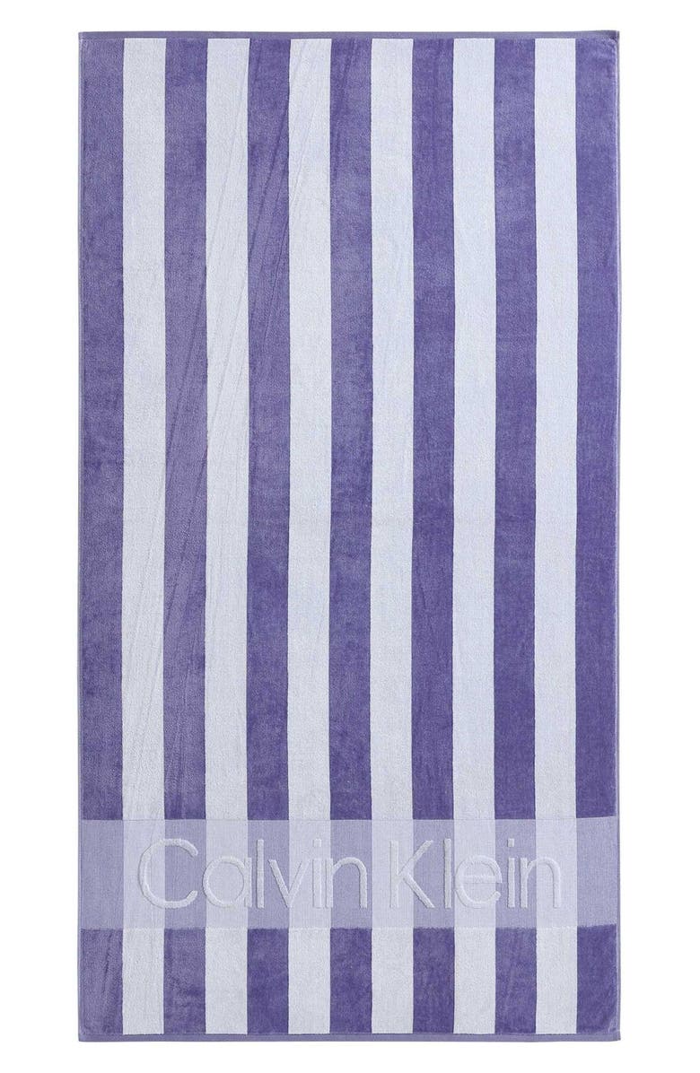Calvin Klein Beach Stripe Logo Towel, Main, color, Twlight Purple/White