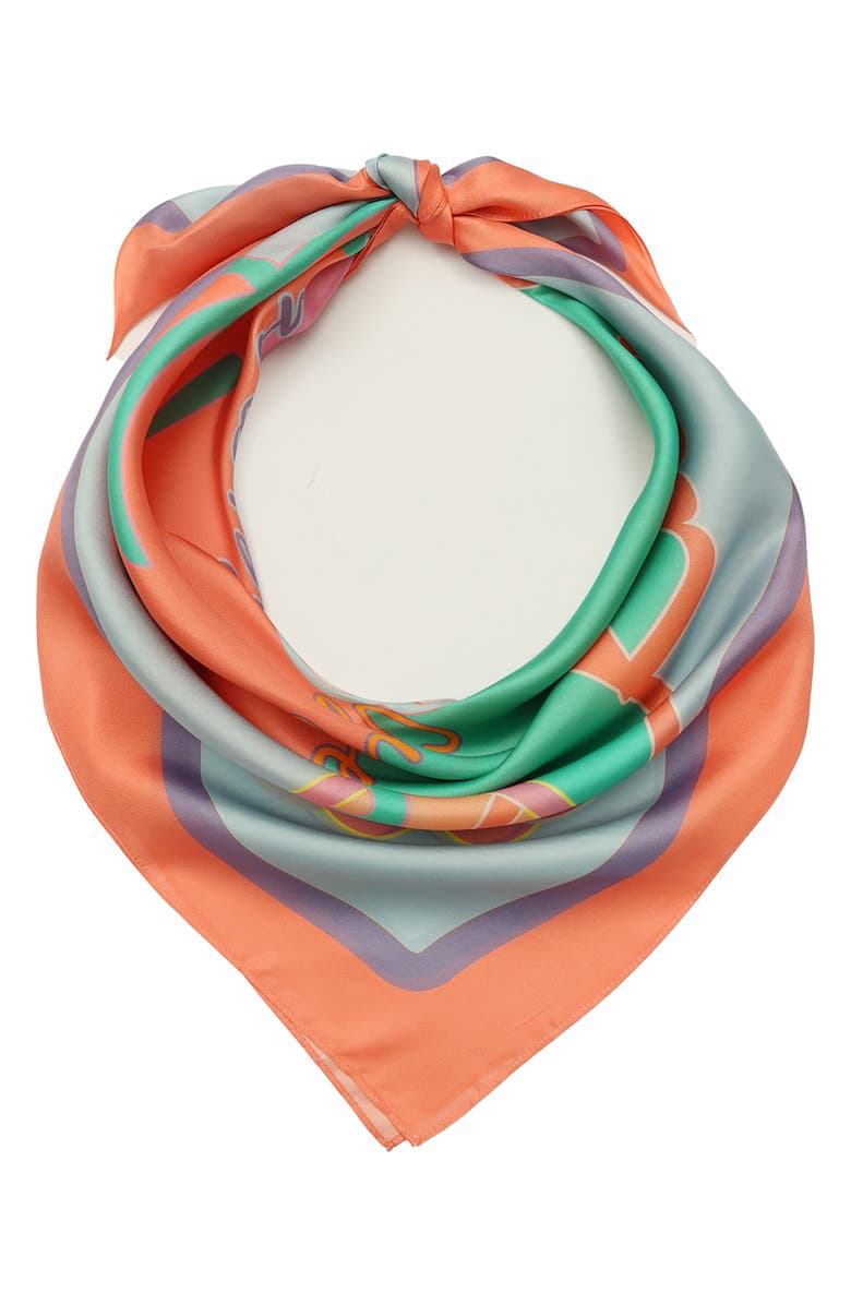 Kurt Geiger London Script Print Square Silk Scarf, Alternate, color, Coral Glow