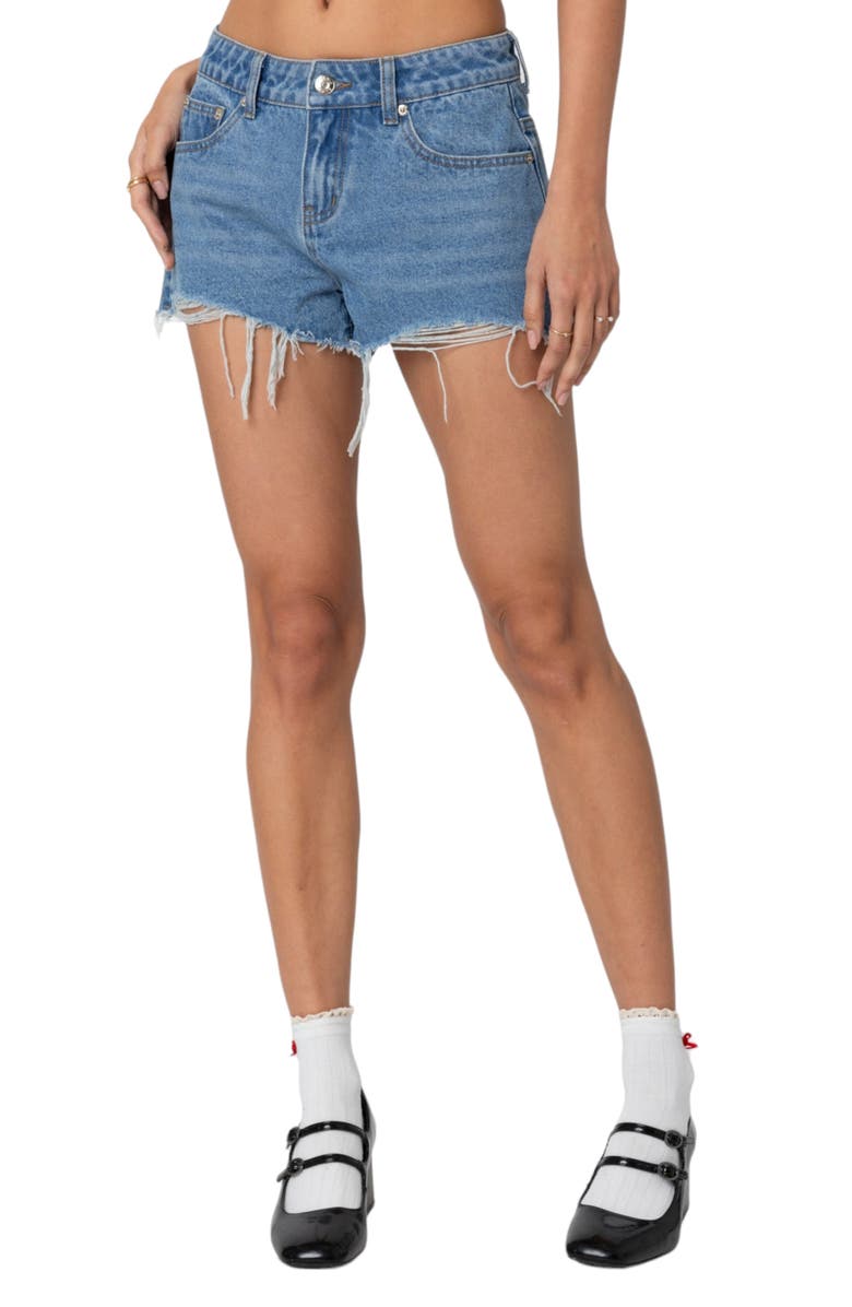 EDIKTED Fern Cutoff Denim Shorts, Alternate, color, Blue