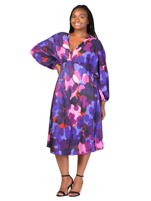 24seven Comfort Apparel Pleated V-neck Empire Waist Bishop Sleeve Midi Dress In Blue