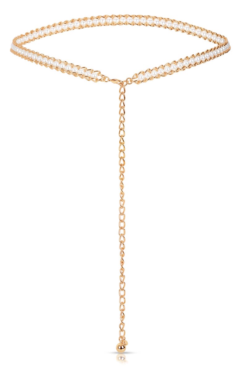 Ettika Imitation Pearl Chain Belt, Main, color, Gold