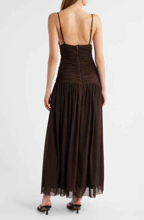 Rare London Ruched Drop Waist Sleeveless Gown In Brown