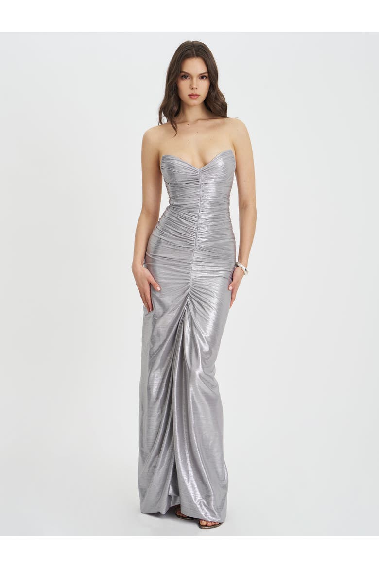 Sable Ruched Glitter Mermaid Gown, Alternate, color, Silver