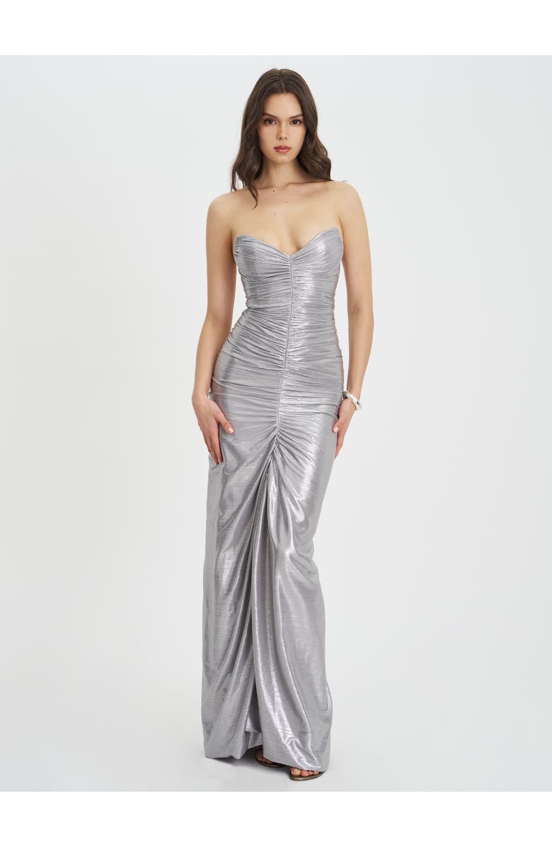 Miss Circle Sable Ruched Glitter Mermaid Gown, Alternate, color, Silver